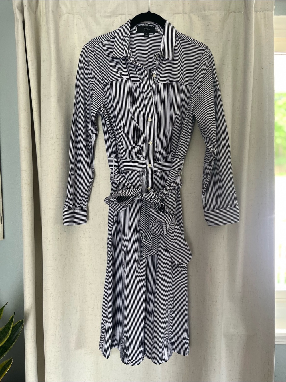 J Crew Tie-Waist Shirt Dress - Navy/White